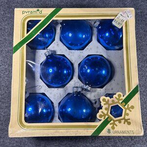 Vintage Pyramid Blue Set of 8 Glass Christmas Tree Ball Ornaments